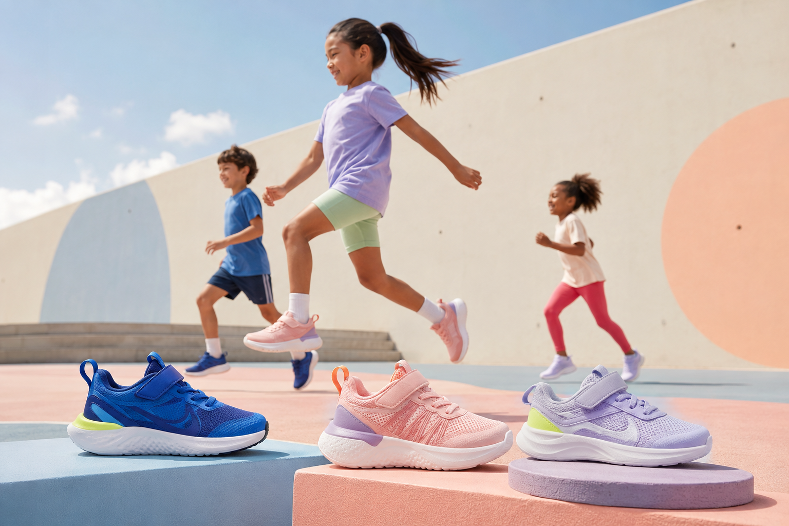 Colorful children's athletic shoes ready for outdoor play